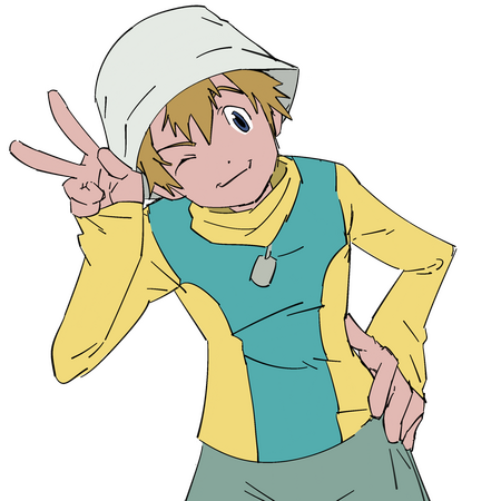 TK from "Digimon Adventure 02" posing with a peace sign