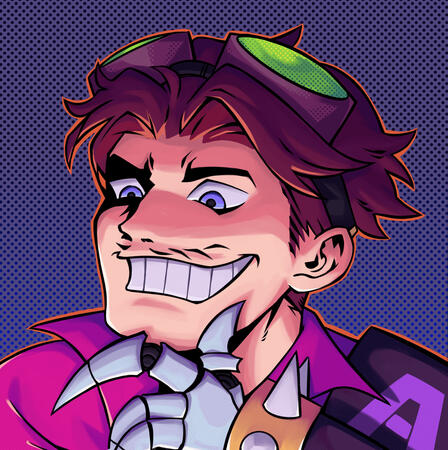 A man with an evil grin, rubbing his chin with his cybernetic arm.